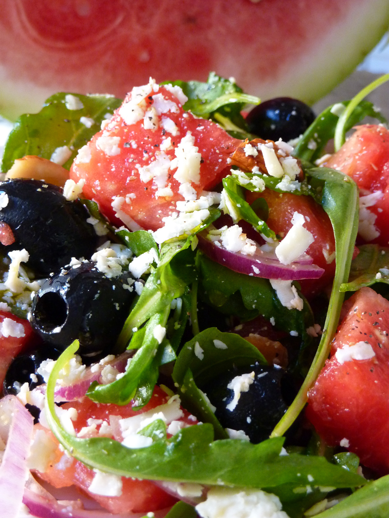 Working up a sweat (watermelon salad with ricotta salata and black olives)