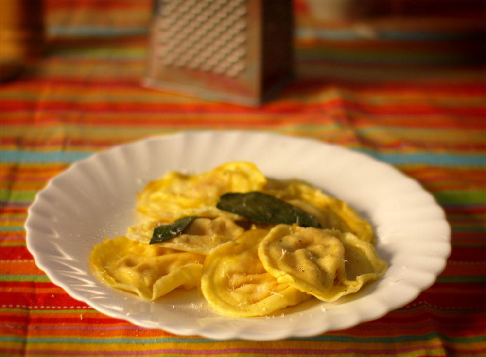 A pasta diet? (Pumpkin and amaretti ravioli with sage butter)